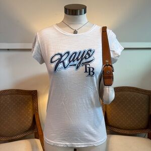 Women's Y2K 00s Tampa Bay Rays Baseball White and Blue Graphic Tee
